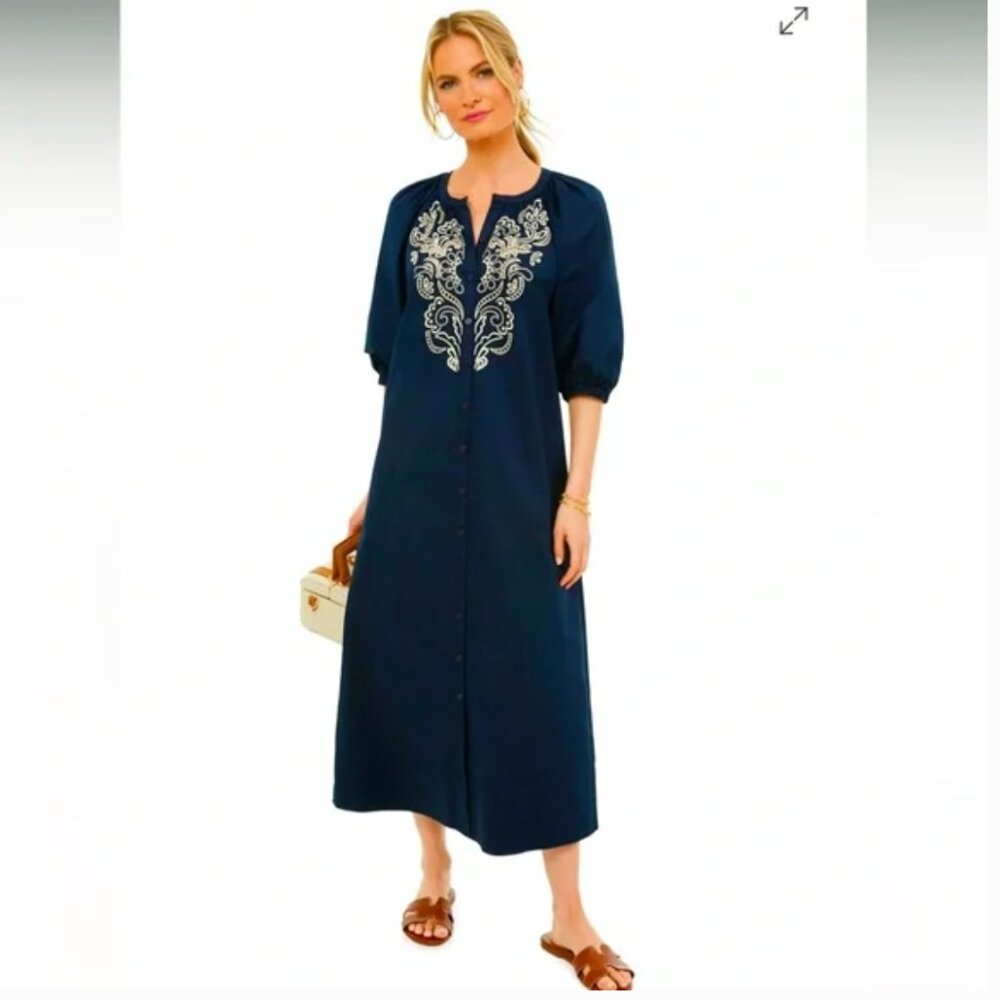 TUCKERNUCK Navy Embroidered Etta Midi Dress Size Medium